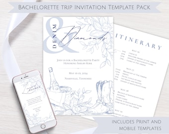 Denim & Diamonds Bachelorette Invitation Itinerary Template Bundle | Digital Printable Invites | Something Blue Country Disco Glam Bach Trip