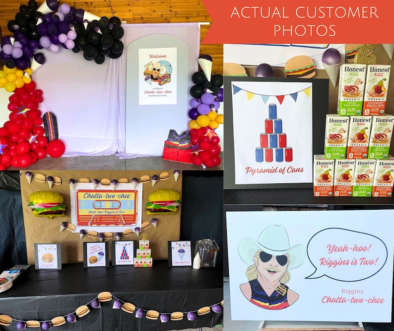 May include: A birthday party setup with a backdrop of purple and black balloons, a white backdrop with a welcome sign, and a table with a variety of decorations, including a cassette tape, a pyramid of cans, and a sign with the text "Chatta-two-chee".
