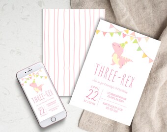 Three-rex Dinosaur 3rd Birthday Invitation Template for a Girly Dino Birthday Party Digital Download Cute Pink Dinosaur Party Invitation