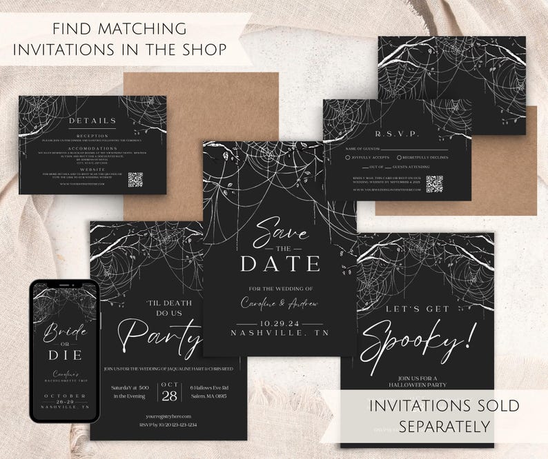 May include: Black and white wedding invitation suite with a spiderweb design. The save the date card says "Save the Date" and includes the wedding date, "10.29.24", and location, "Nashville, TN". The invitation card says "Til Death Do Us Party" and includes the wedding date, "October 28", and location, "Nashville, TN". The RSVP card says "R.S.V.P." and includes a QR code. The additional card says "Let's Get Spooky!" and includes the text "Join us for a Halloween Party".