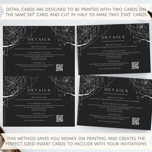 May include: Four black and white detail cards with a spiderweb design. The cards have the word "Details" at the top and include the headings "Reception", "Accommodations", and "Website".