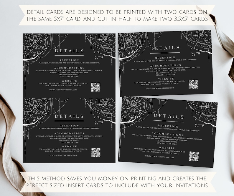 May include: Four black and white detail cards with a spiderweb design. The cards have the word "Details" at the top and include the headings "Reception", "Accommodations", and "Website".