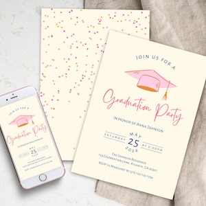 Girly Graduation Party Invitation | Digital Download Editable Template | Minimalist Pink Grad Party Invite | Colorful Pastel 2025 Graduation