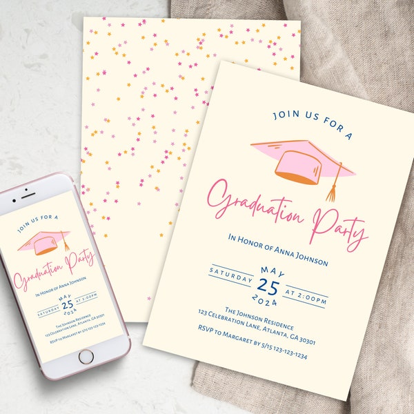 Girly Graduation Party Invitation | Digital Download Editable Template | Minimalist Pink Grad Party Invite | Colorful Pastel 2024 Graduation