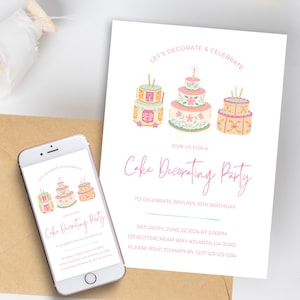 Niedliche Kuchen Dekorieren Party Einladung Minimalistische Backen Geburtstagsparty Digitaler Download Druckbare Kinder Party Vorlage Girly Kuchen Einladung