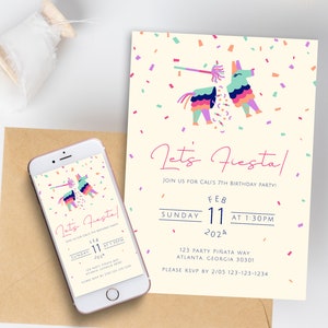 Fiesta Party Invitation Template Kid&#39;s Colorful Fiesta Birthday Party Pastel Piñata Party Digital Download Editable Invite Girly Taco Party