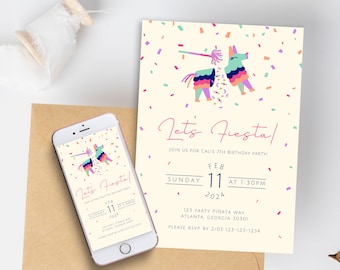 Fiesta Party Invitation Template Kid's Colorful Fiesta Birthday Party Pastel Piñata Party Digital Download Editable Invite Girly Taco Party