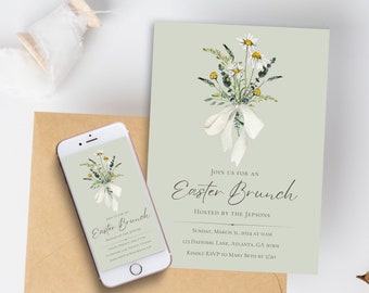 Easter Brunch Invitation | Digital Download Printable Template | Pastel Floral Daisy Easter Invite | Green Easter Lunch | Egg Hunt Invite