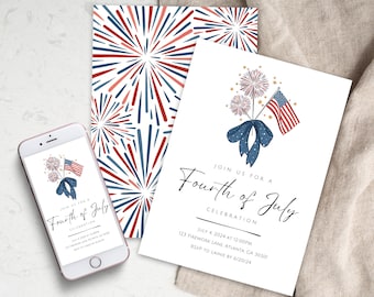 May include: A Fourth of July party invitation with a blue and red firework design. The invitation text reads "Join us for a Fourth of July Celebration" with the date, time, and location of the event.