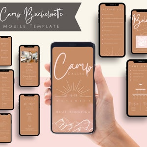 May include: A mobile phone screen displaying a bachelorette party itinerary with a camp theme. The screen shows the text "Camp Callie" with a date of November 16-19 and the location "Blue Ridge, GA".