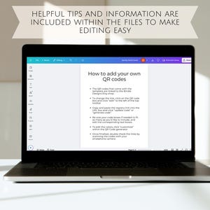 May include: A laptop screen displaying instructions on how to add QR codes to a digital template. The text explains how to change the link, copy and paste the registry link, resize the code boxes, edit the colors, and customize the QR code generator. The text also instructs users to double check the links by scanning the codes with their smartphone camera.