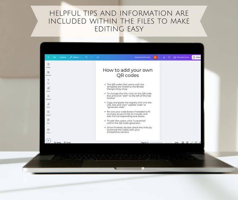 May include: A laptop screen displaying instructions on how to add QR codes to a digital template. The text explains how to change the link, copy and paste the registry link, resize the code boxes, edit the colors, and customize the QR code generator. The text also instructs users to double check the links by scanning the codes with their smartphone camera.
