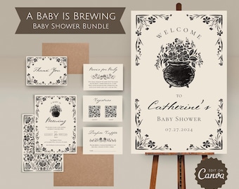 A Baby is Brewing Halloween Baby Shower Bundle Spooky Baby Shower Welcome Sign Black Floral Invitation Suite Books for Baby Diaper Raffle