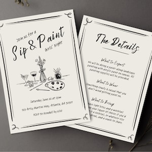 Handgezeichnete Sip and Paint Einladung Vorlage Girls Night Paint Party Invite Art Trendy Cocktailparty Invite Malen mit Party Ladies Night
