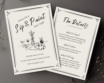 Handgezeichnete Sip and Paint Einladung Vorlage Girls Night Paint Party Invite Art Trendy Cocktailparty Invite Malen mit Party Ladies Night