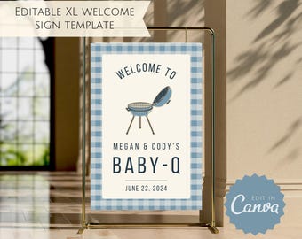 Blue Baby-Q Welcome Sign Editable Template Bbq Baby Shower Gender Reveal Sign Modern Minimalist Baby-Q Party Sign Outdoor Boy Baby Shower