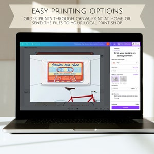 May include: A laptop screen showing a Canva design for a banner with the text "Chatta-two-chee" and "Yeah-Ave! Jackson is Two!" in a retro cassette tape design. The screen also shows the Canva print options for banners.