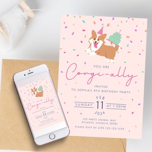 Modèle d'invitation fête d'anniversaire corgi, invitation anniversaire pastel, invitation anniversaire chien, téléchargement numérique, thème fête, chiot