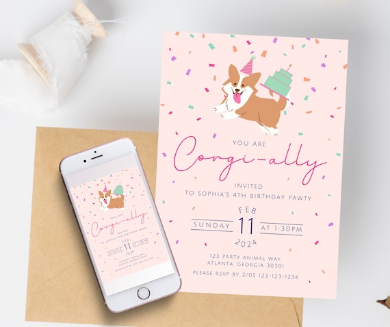 Corgi Birthday Party Invitation Template Pastel Birthday Party Invite Dog Birthday Printable Invitation Digital Download Puppy Party Theme