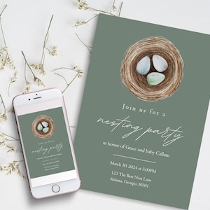 May include: A green invitation card with a watercolor illustration of a bird's nest with three eggs. The text on the card reads "Join us for a nesting party in honor of Grace and baby Callum. March 30, 2024 at 3:00PM 123 The Best Nest Lane Atlanta, Georgia 30301"