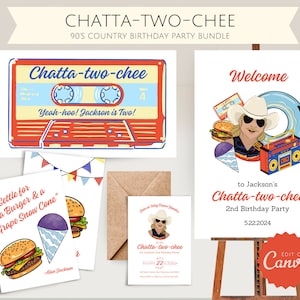 Way Down Yonder on the ChattaTWOchee バースデー パーティー招待状バンドル l デジタル ダウンロード編集可能テンプレート パック l 90 年代カントリー パーティー テーマ サイン