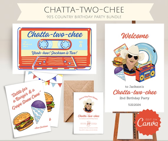 Way Down Yonder on the ChattaTWOchee Birthday Party Invite Bundle l Digital Download Editable Template Pack l 90s Country Party Theme Signs