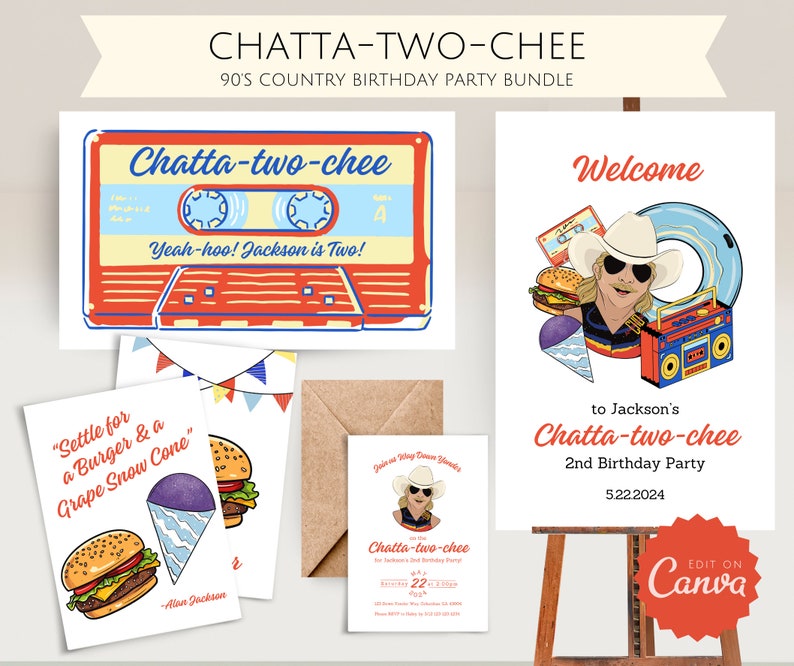 May include: A set of printable party decorations for a 2nd birthday party with a 90's country music theme. The decorations feature a cassette tape, a snow cone, a hamburger, and a boombox. The text on the decorations says "Chatta-two-chee" and "Yeah-hoo! Jackson is Two!"