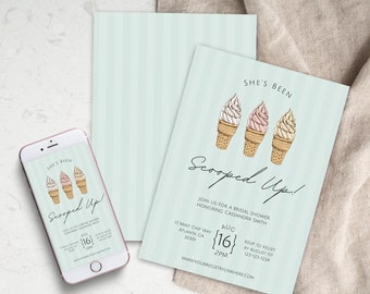 May include: A blue and white striped bridal shower invitation with the text "She's Been Scooped Up!" and a graphic of three ice cream cones. The invitation includes details for the event, including the date, time, and location.