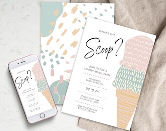 May include: A gender reveal party invitation with an ice cream cone design. The invitation is white with pink, blue, and brown accents. The text on the invitation reads "What's the Scoop?" and includes details about the party, including the date, time, and location. RSVP information is also included.
