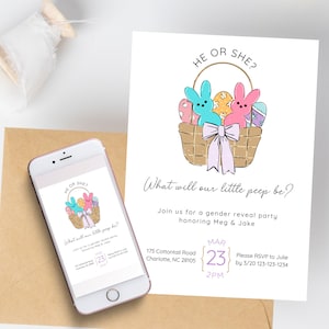 Puede incluir: Una invitaci&oacute;n a una fiesta de revelaci&oacute;n de g&eacute;nero con una cesta de conejitos de malvavisco rosa y azul pastel y el texto "He or She? What will our little peep be?"  &Uacute;nete a nosotros para una fiesta de revelaci&oacute;n de g&eacute;nero en honor a Meg & Jake.  Mar 23, 2:00 PM. 175 Cottontail Road, Charlotte, NC 28105. Por favor, confirma tu asistencia a Julie antes del 3/20 al 123-123-1234.