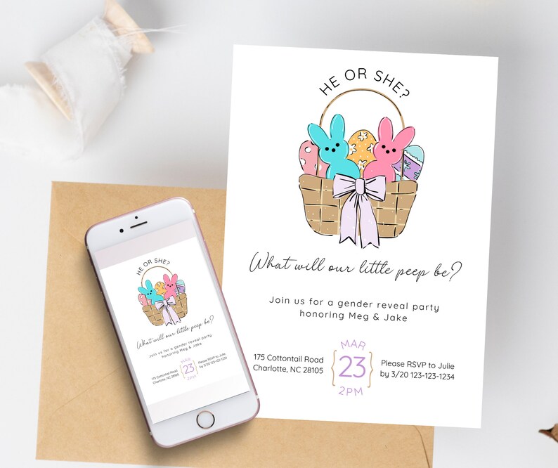 Puede incluir: Una invitaci&oacute;n a una fiesta de revelaci&oacute;n de g&eacute;nero con una cesta de conejitos de malvavisco rosa y azul pastel y el texto "He or She? What will our little peep be?"  &Uacute;nete a nosotros para una fiesta de revelaci&oacute;n de g&eacute;nero en honor a Meg & Jake.  Mar 23, 2:00 PM. 175 Cottontail Road, Charlotte, NC 28105. Por favor, confirma tu asistencia a Julie antes del 3/20 al 123-123-1234.