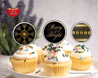 Black and Gold Holiday Cupcake Toppers, Labels or Tags P.D.F. Printable Party Decor