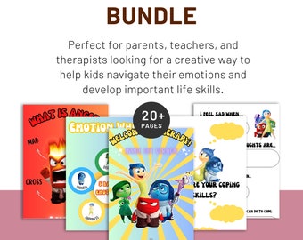 May include: Bundle of educational materials with the text "INSIDE OUT PSYCHOEDUCATION BUNDLE". The bundle includes colorful pages with illustrations of characters and text related to emotions and coping skills. The text includes "What is Anger", "Emotion Wheel", and "I Feel Sad When..."
