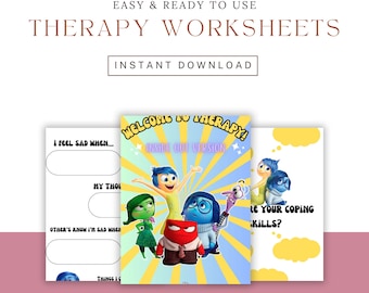 May include: A set of therapy worksheets with the text "Easy & Ready to Use Therapy Worksheets" and "Instant Download". The worksheets feature characters from the movie "Inside Out" and prompts like "I Feel Sad When..." and "Are Your Coping Skills?"
