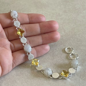 Natural Oval Rainbow Moonstone, Citrine 925 Sterling silver link chain Bracelet 8&quot; Handmade Jewelry