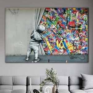 Behind the Curtain, Martin Watson Canvas, Banksy Wall Art, Urban Style Canvas, Kids Graffiti Wall Art, Large Wall Art, Mother Day Gift