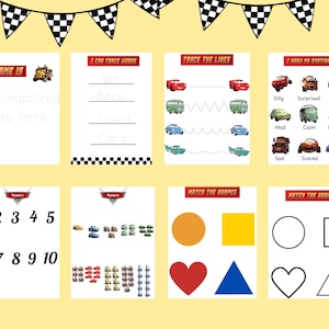 Può includere: Un set di 10 fogli di attività stampabili con i personaggi di Cars. I fogli includono il tracciamento di linee, il tracciamento di parole, l'abbinamento di forme e il conteggio dei numeri. I fogli sono in bianco e nero con accenti rossi, gialli, blu e verdi.