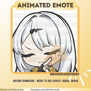 May include: Animated emote featuring a cartoon character with white hair and a finger to the lips gesture. The design includes the text "ANIMATED EMOTE" and "HIKARURAEDESIGNS". Ready to use in 112x112, 56x56, and 28x28 sizes.