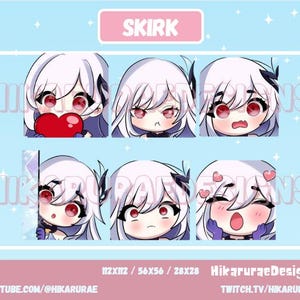 Puede incluir: Seis expresiones animadas diferentes de un personaje de anime con cabello blanco y ojos rojos. El personaje lleva un atuendo morado y negro. Las expresiones incluyen una expresión con ojos en forma de corazón, una expresión sorprendida, una expresión sonrojada, una expresión confundida, una expresión enojada y una expresión feliz. El texto "SKIRK" está en la parte superior de la imagen. El texto "HikaruraeDesigns" está en la parte inferior de la imagen.