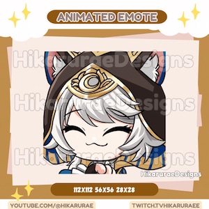 Puede incluir: Emoticono animado que presenta un personaje de anime sonriente con cabello blanco, usando una capucha marrón con detalles dorados. La imagen incluye el texto "ANIMATED EMOTE" y las dimensiones 112x112, 56x56, 28x28.