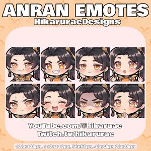 Puede incluir: Ocho ilustraciones digitales ANRAN EMOTES de un personaje con cabello negro, cada una mostrando una expresión facial diferente. Las imágenes están en un marco naranja claro, con el texto "ANRAN EMOTES" y "HikaruraeDesigns". Incluye enlaces de YouTube y Twitch.