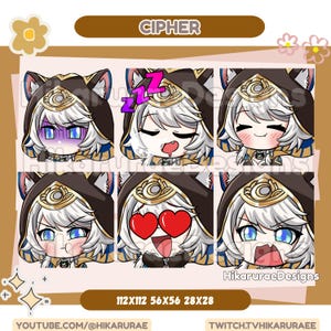 Puede incluir: Una colección de seis emoticonos de personajes de estilo anime. Cada emoticono presenta un personaje con pelo blanco, ojos azules y una capa con capucha. Los emoticonos muestran diversas expresiones, como sorpresa, sueño y amor. La palabra "CIPHER" está en la parte superior.