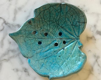 Handmade Ceramic Soap Dish| soap holder| Raku soap dish| Turquoise leaf ceramic soap holder|bathroom decor|