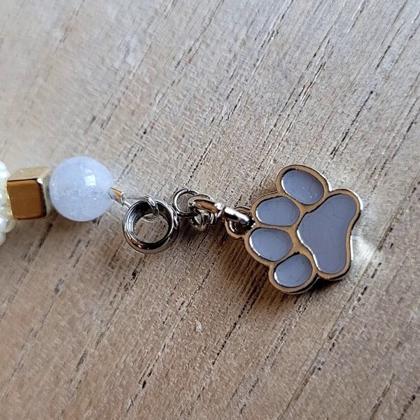Opalite, Gold Plated Square Spacers, Faux Pearl Cluster, & Gray Puppy Dog Paw Charm - Handmade Stitch Markers / Key Chains / Accessories