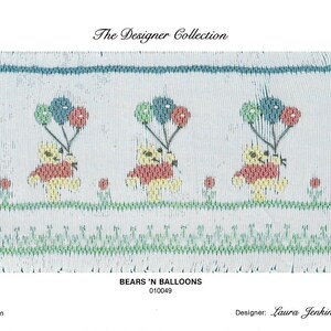 May include: A white embroidery pattern with three bears holding balloons. The bears are yellow with red shirts and the balloons are blue, green, and red. The pattern is titled "Bears 'N Balloons" and the design number is 010049.