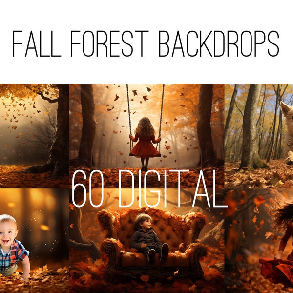 60 Fall Forest Digital Backdrops, Autumn Photoshop Photography Backgrounds, Photo Editing, Autumn Leaves, Vintage Couch and Swing