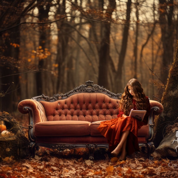 Fall Digital Backdrop with Vintage Couch in Woods, Autumn Digital Backdrop for photography, Studio Overlay, Photoshop, Pumpkins, Fall leaves