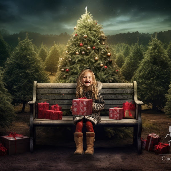 Christmas Tree Farm Digital Backdrop, Studio Overlay for Photoshop, Christmas Tree with Presents Backdrground for photography