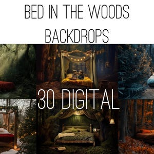 May include: A collage of 30 digital backdrops featuring beds in a woodland setting. The backdrops include a variety of forest scenes, including a bed with a canopy, a bed with a canopy and fairy lights, and a bed with a canopy and a tree.