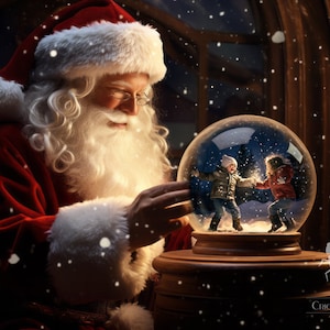 May include: Santa Claus, wearing a red suit and white beard, gazes at a snow globe containing two children. The snow globe sits on a wooden base. The background features a snowy scene.